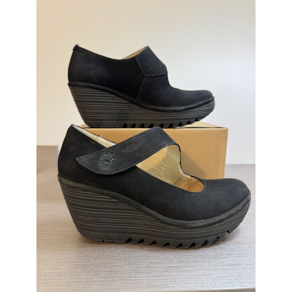 FLY London Yasi Black Suedo/ Leather Wedge Pump Platform Mary Jane Sz36 US 5,5-6